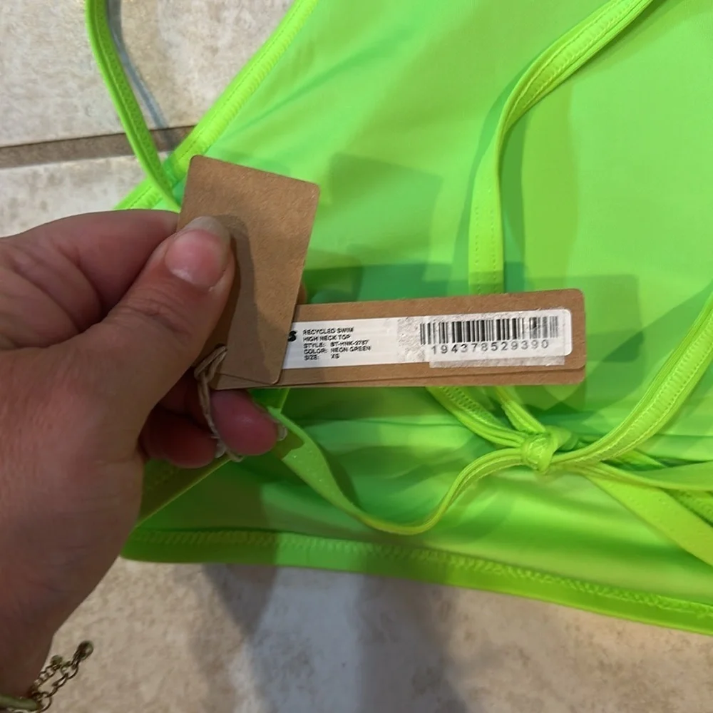 NWT! Skims Recycled Swim High Neck Bikini Top XS Neon Green Festival Crop